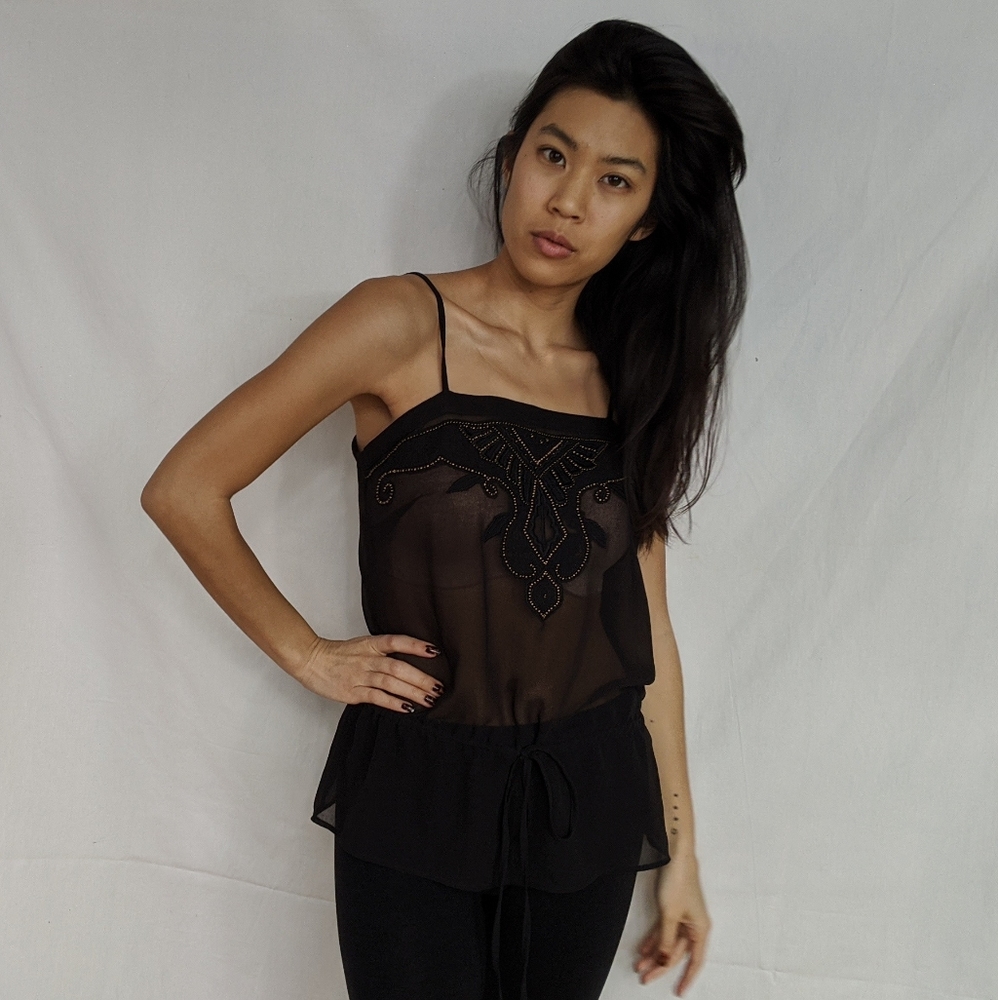 Sheer drawstring waist embroidered beaded tank - Picture 2 of 8